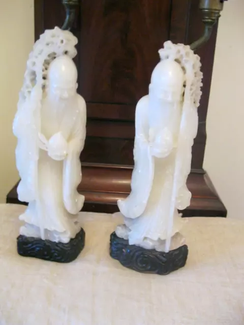 Antique Chinese .Pair hand carved Soapstone Figurines .Sages . 49 cms overall .