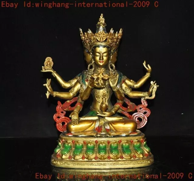 Tibet bronze Gilt painted 3 Head 8 Arms Namgyalma & Ushnishavijaya Buddha Statue