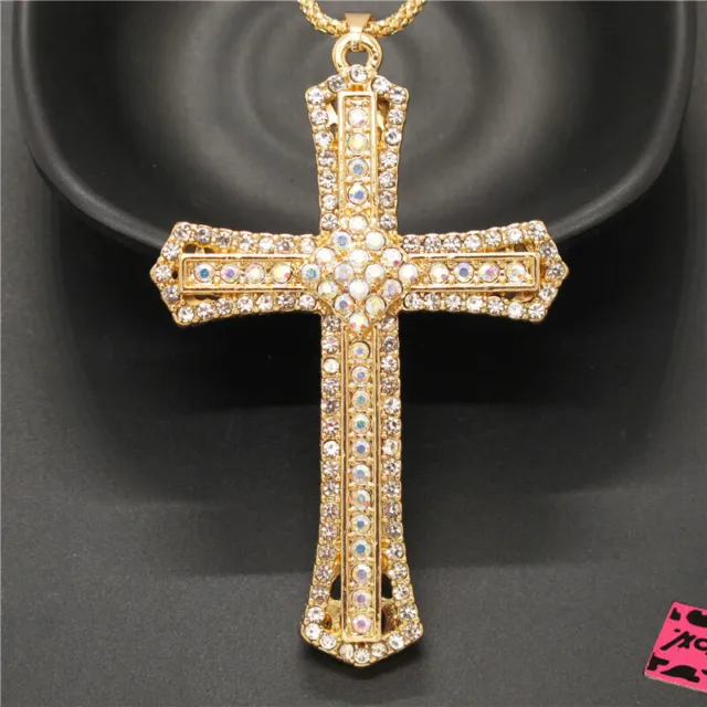 Betsey Johnson White Cute Prayer Cross Bling Crystal Pendant Chain Necklace