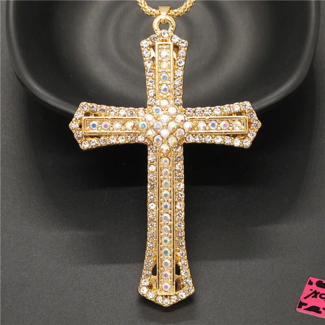 Betsey Johnson White Cute Prayer Cross Bling Crystal Pendant Chain Necklace