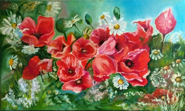 Red Poppies Flower Oil Painting Original Artwork Impressionist Poppy Floral Art