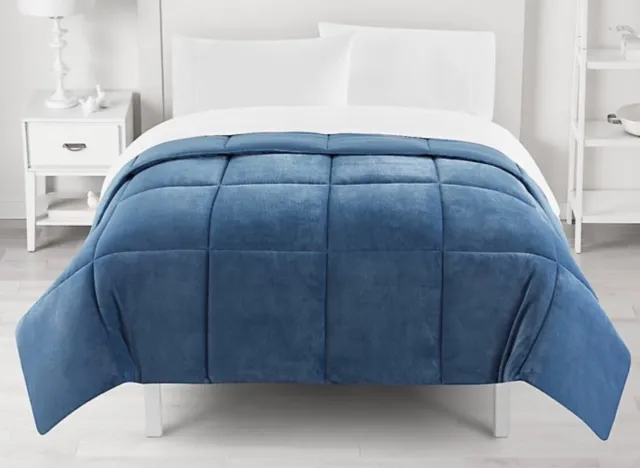 KING Sz PLUSH Down -Alternative Reversible Comforter - Denim Blue - Big One -New