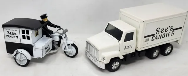 Vintage See's Candies Motorcycle with Side Car and Driver & Sees Diecast Truck