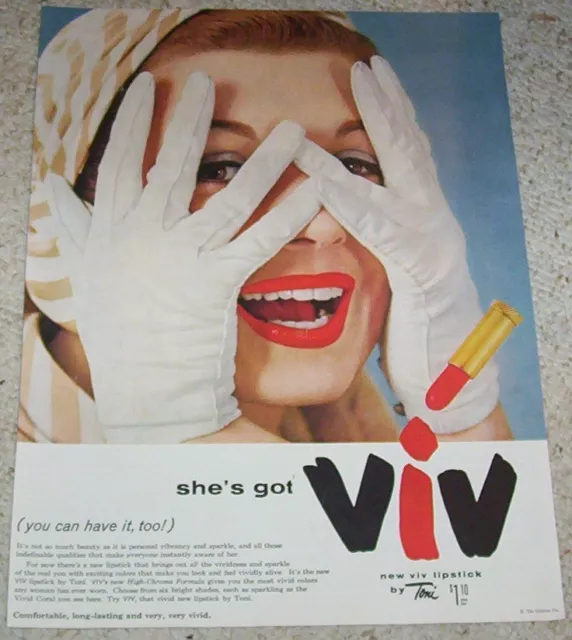 1955 print ad - Toni VIV cosmetics lipstick lady sparkle vintage Gillette ADVERT