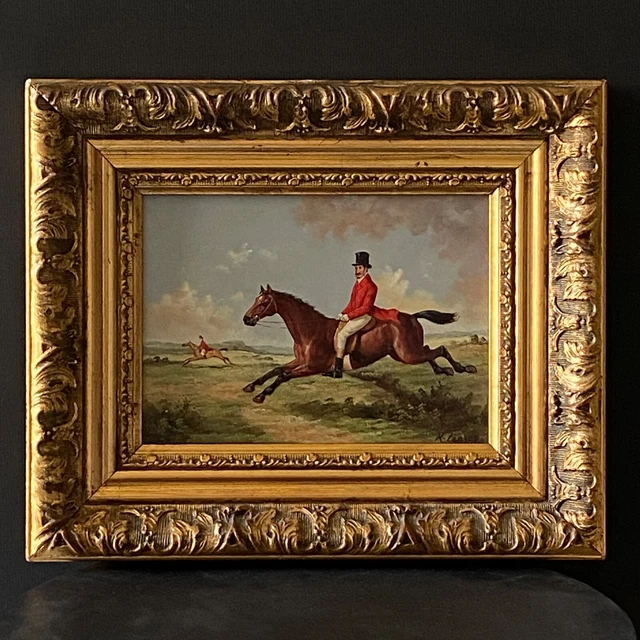 ANCIEN PETIT TABLEAU Peinture Anglaise Huile sur Panneau Chasse à ...