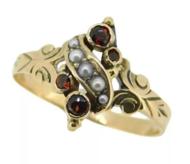 10k Yellow Gold Victorian Garnet and Seed Pearl Ring (#J4695)