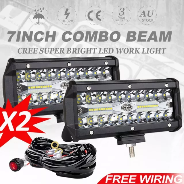 2x 7inch  LED Work Light Bar Spot Flood Work Driving Light Offroad W/ Wiring