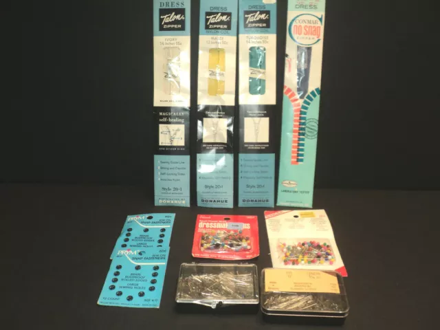 Vintage Lot of Notions 4 Zippers, Prym Snaps, Dressmaker Pins, Ball Point Pins