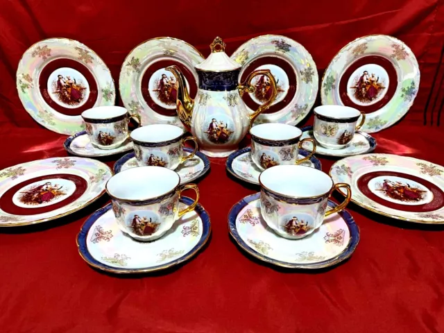 GNA Fine Porcelain Courting Scene Iridescent Teapot Teacups & Saucers & Plates