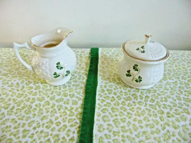 DONEGAL PARIAN CHINA CREAMER PITCHER & SUGAR WHITE w SHAMROCKS BASKETWEAVE