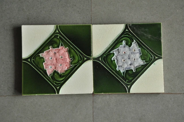 2 Pc Vintage Flower Embossed Fine Ceramic Tiles,England