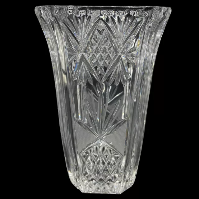 Vintage Large Cut Glass Crystal Vase Etched Diamond Fan Design 10.25" Tall