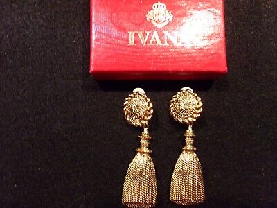 Ivana Trump Earrings Gold Tone Tassel Rope Ornate Baroque Clip On Dangle Vtg