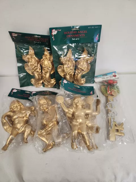 (9) NOS Vintage Holiday Angel Cherub Plastic Gold Decorations 7.5" -12" Ornament