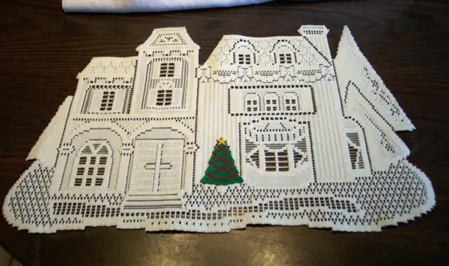 Vintage Christmas Machine Stitch Church / House Placemat / Doily 20x13 See Pics
