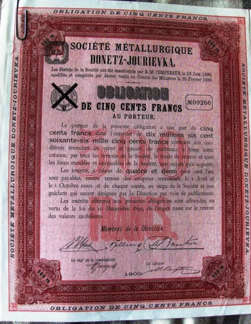Original Russian 500 Francs bond Metallurgic Society of Yur'evka dated 1900