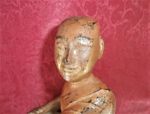 Buddha Disciple Sariputra 19th C. Carved Gilt Wood Statue Burmese Buddhist Art 12