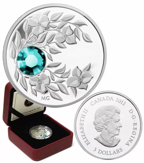 2012 Proof $3 'March  Birthstone' Crystal Swarovski Silver .9999 Fine #03