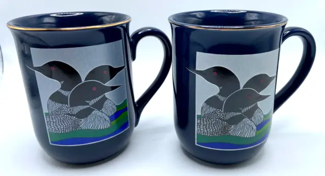 2 OTAGIRI Vintage Dark Blue Loon Duck Coffee Mug Cup Transferware Gold Trim