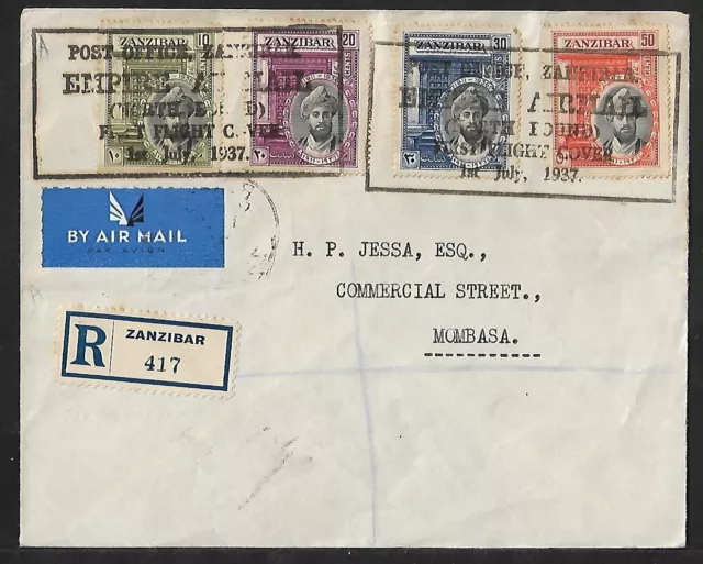 Zanzibar To Kenya Air Mail Registered Ff Jubilee Stamps On Cover 1937