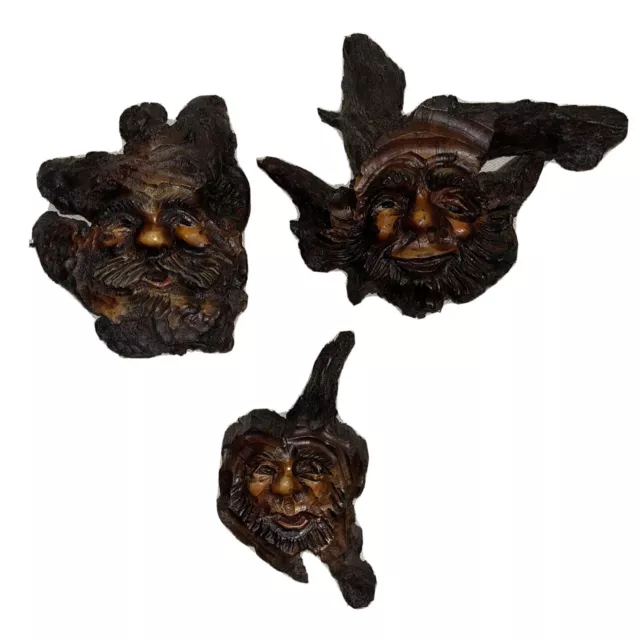 Wood Carved Forest Faces Sculpture Set of 3 Vintage Tree Spirit German