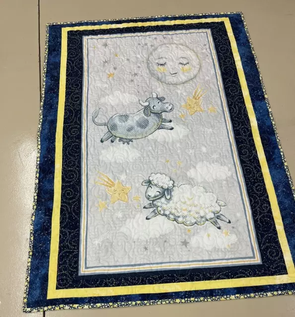 Handmade Baby Crib Quilt "Over The Moon" gender neutral 36x49" blue/yellow