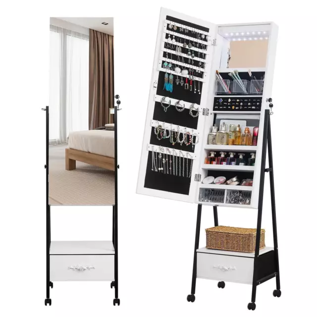 Mirror Rolling Jewelry Armoire Lockable Makeup Organizer Cabinet with Drawer