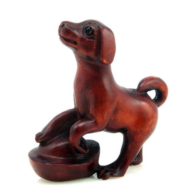 Japanese Boxwood Hand Carved Netsuke Dog Puppy On YuanBao Ingot #05242305