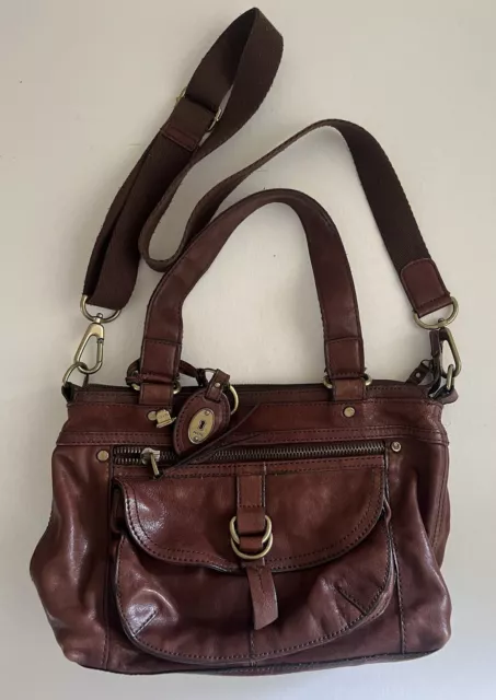 Vintage Fossil Leather Brown Tote Shoulder Handbag Long Live Vintage Key Lock EC