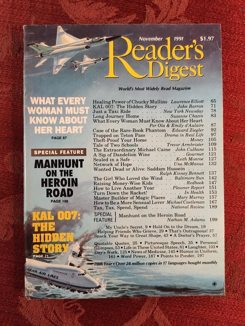 Digets Magazine READERS DIGEST MAGAZINE November 1991 KAL 007 John Barron Michael Caine ...