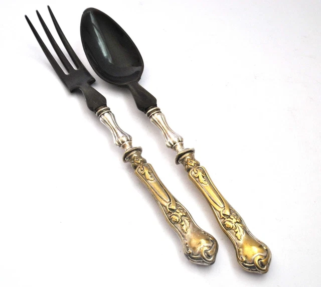 Couverts à Salade Anciens En Métal Argenté - Paire Cuillère Et Fourchette