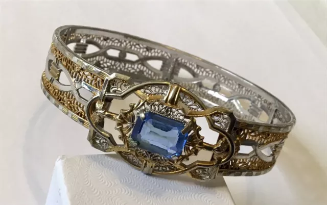 Vintage Art Deco Blue Rhinestone Filigree Hinged Bracelet