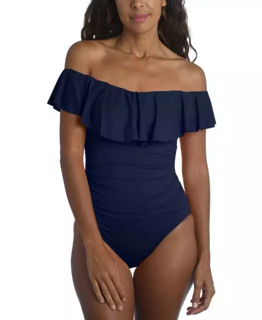 La Blanca Women's Indigo Ruffle Lace-Up Off-Shoulder One-Piece Swimsuit Size 8