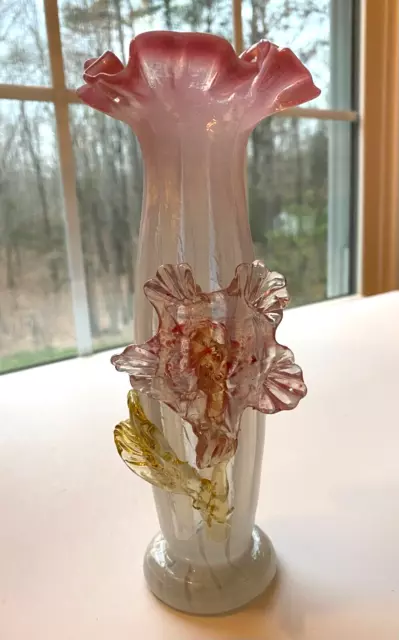 Victorian Blown Vase Ruffled with Applied Flower White Pink Opalescent Stripe