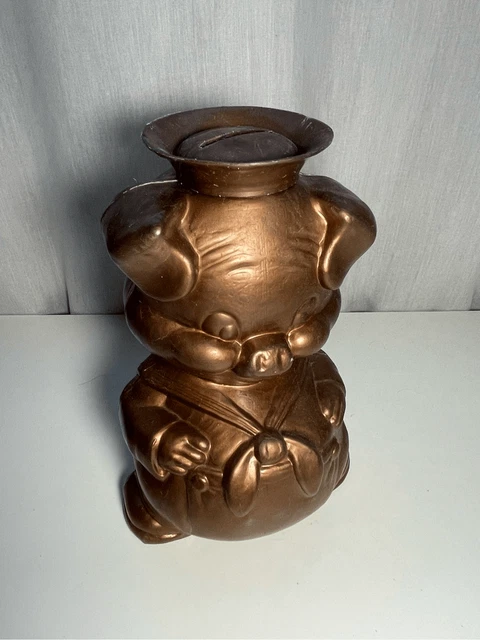 Vintage Blow Mold Bank- Anchor Plastics -6” Gold Pig w/Hat EUC