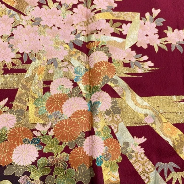 Japanese Kimono Furisode Pure Silk Yamato Flower Hinoki Handyfan Purplish Red
