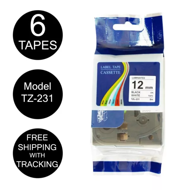 6x TZ-231 Compatible Brother P-Touch Black on White Tape Label 12mm x8m TZe-231