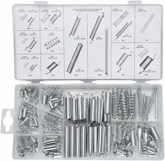 200PC Spring Assortment Set Zinc Plated Compression and Extension Springs W Case