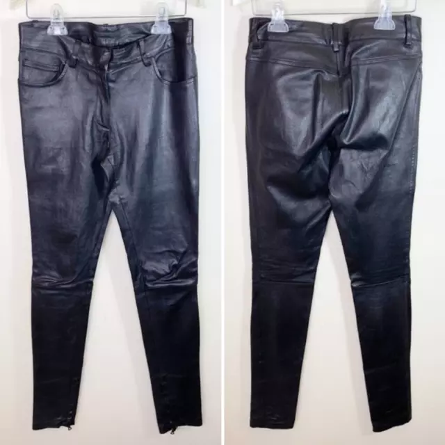 The Row Women's Black Lambskin Leather Ankle Zip Slim Skinny Moto Pants Size XS