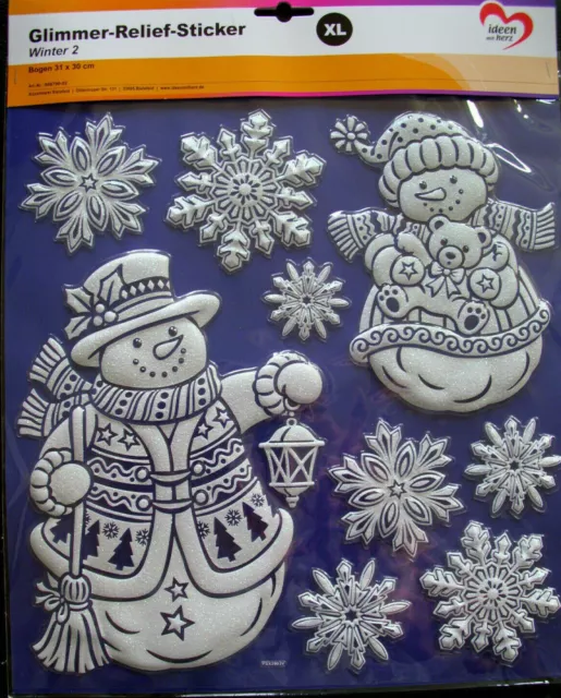 XL Glimmer- Relief- Sticker- Schneemann - weiß - Bogengröße - ca. 31 x 30 cm