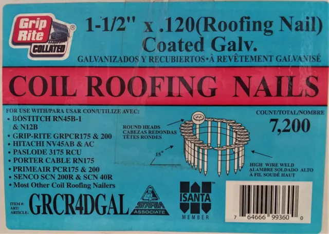 Grip Rite  960 Pcs.  1 1/2" X.120  Roofing Coil Nails Galvanized 3/8" Broad Head