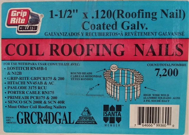 Grip Rite  960 Pcs.  1 1/2" X.120  Roofing Coil Nails Galvanized 3/8" Broad Head