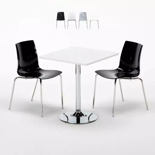 Table Carrée Blanche 70x70cm Avec 2 Chaises Colorées Et Transparentes Set Intéri