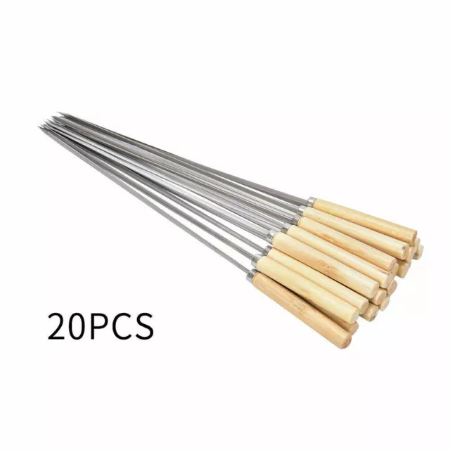 20x BBQ Barbecue Skewers Stainless Steel Kebab Grill Sticks Wooden Handle UK??