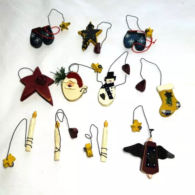 11 Pc Primitive Style Wood Christmas Ornaments Angel Star Stocking Candle Santa