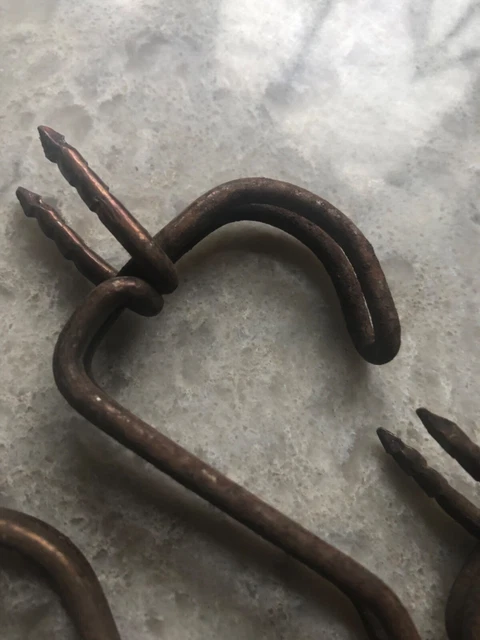 Lot 4 Vntg Metal Bent Twisted Wire Hooks wood Coat Hat hanger rack COPPER Boho 4