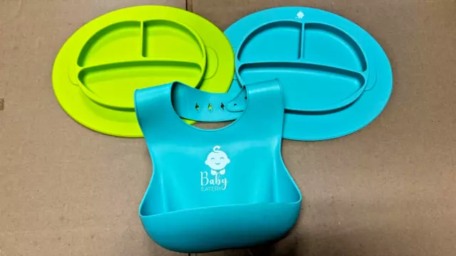 3 pc Baby Eatery Silicone Suction Plates and Waterproof Bib for Kid Toddler Baby