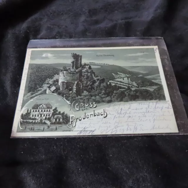 Historische Litho Ansichtskarte: Gruss aus Brodenbach Ruine Ehrenburg Hotel 1908