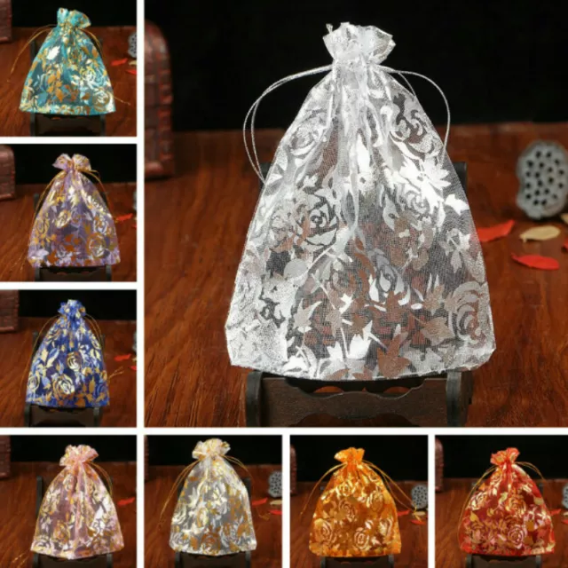 100x Flower Organza Drawstring Bag Jewelry Pouch Wedding Favor Gift Bags Decor