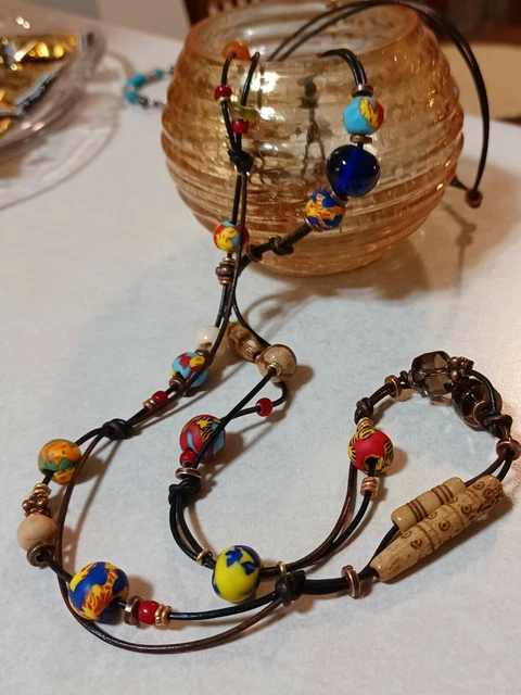 Handmade Necklace African Ghana Glass, Copper, Brass Smoky Quartz Leather Long
